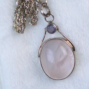 Rose quartz pendant with small amethyst in Italian silver (925, sterling)